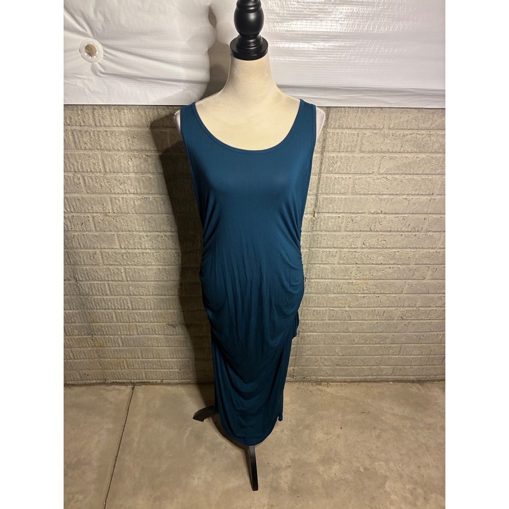 SMALLSHOW Teal Ruched Midi Dress Side Slit‎ Tank Sleeveless Women's Size L